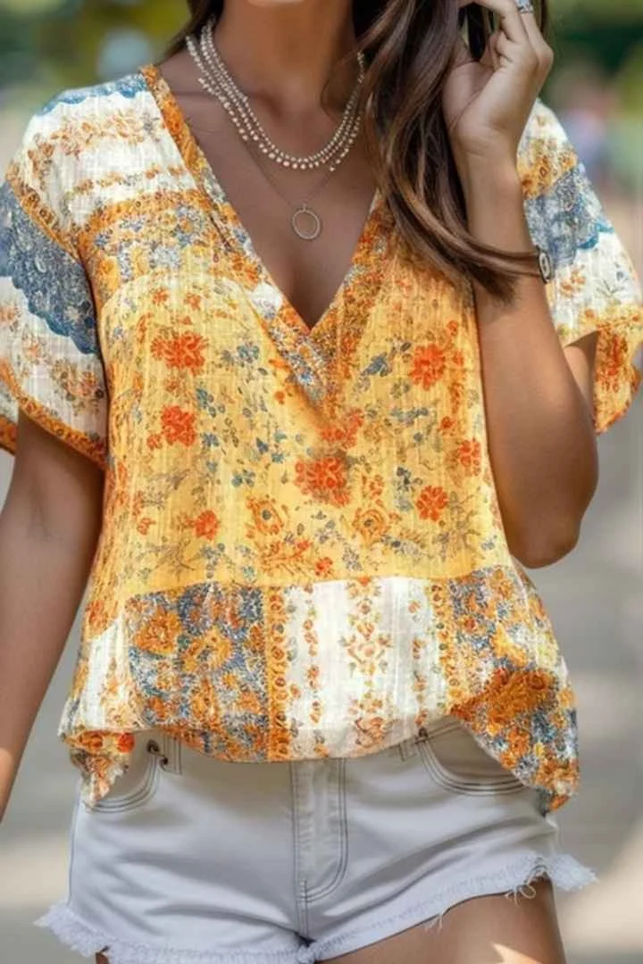 Floral Print V Neck Blouse