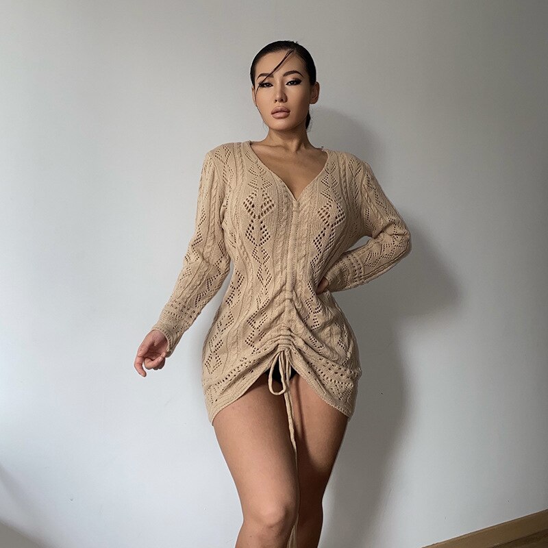 Ootddress Hollow Out V-Neck Knitted Dress Long Sleeve Drawstring Ruched Flod Knit Sexy Bodycon Dresses Women Summer 2025 Vestidos 12 Ootddress Hollow Out V-Neck Knitted Dress Long Sleeve Drawstring Ruched Flod Knit Sexy Bodycon Dresses Women Summer 2025 Vestidos