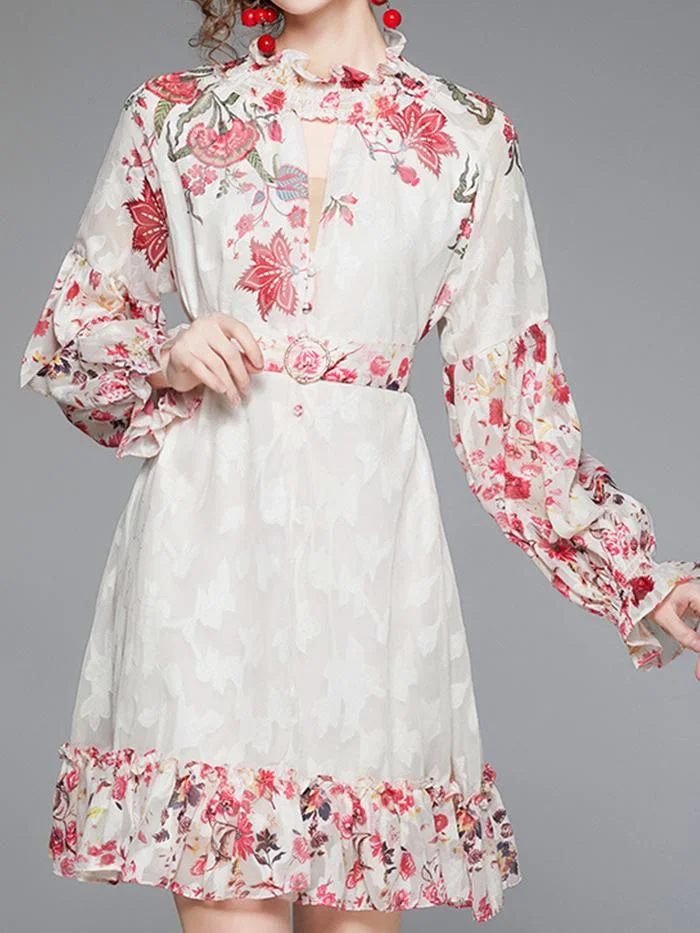 Elegant Jacquard Print Lantern Long Sleeve Dress