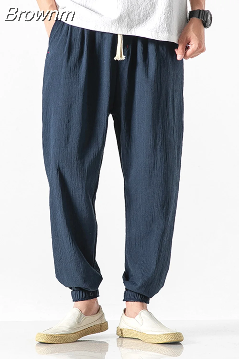 Brownm Summer Cotton Linen Harem Casual Pants Men Solid Color Slim Fit Harajuku Joggers Fashion Men's Clothing