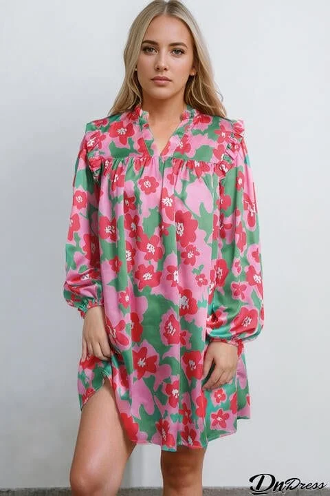 Floral Notched Neck Long Sleeve Dress