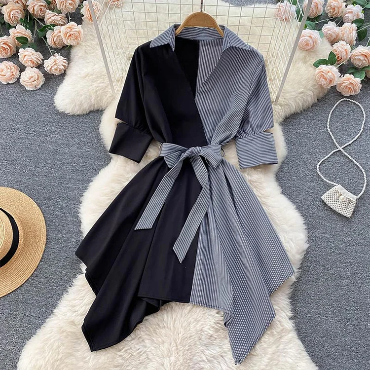 Chic Design Lace Up Colorblock Splice Stripe Irregular Dress - Modakawa Modakawa