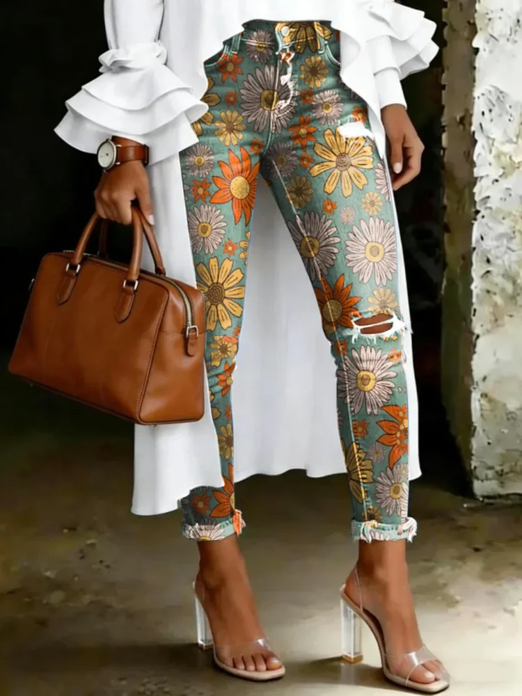 Women's Vintage Multicolor Floral Totem Print Casual High-waisted Ripped Skinny Jeans