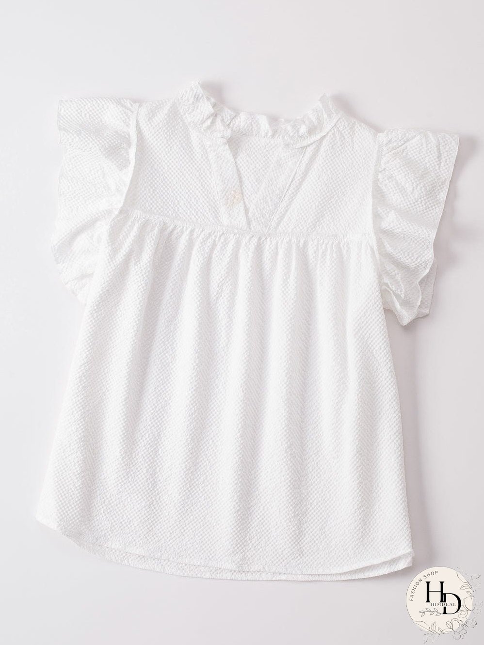 White Waffle Knit Flutter Sleeve Blouse with Notch Neck Detail