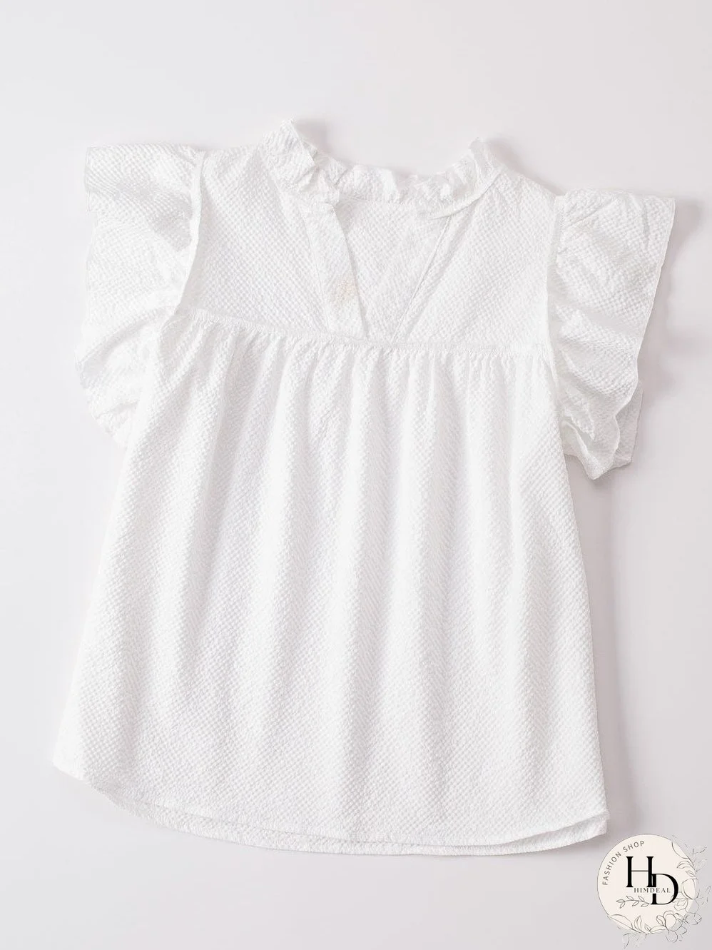 White Waffle Knit Flutter Sleeve Blouse with Notch Neck Detail