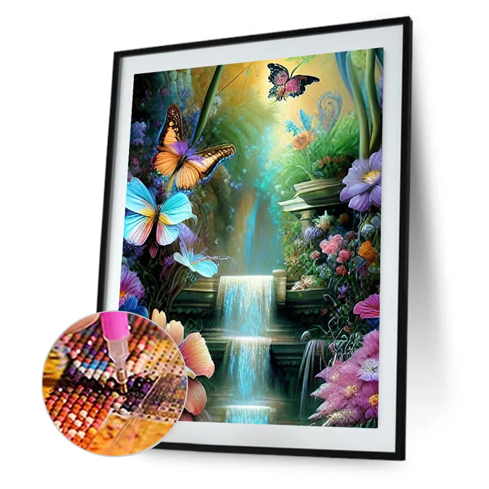Diamond Painting - Full Round Drill - Flower Butterfly Waterfall(30*40cm)