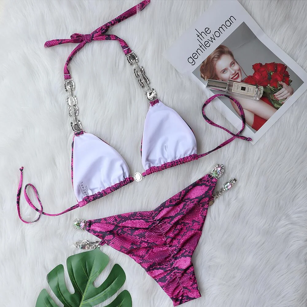 Uveng Uveng New Bikini, Sexy Snake Print Crystal Diamond Female Split Swimsuit Beach Swimsuit