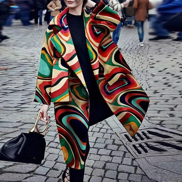 Fashion Lapel Print Long Sleeve Pocket Coat