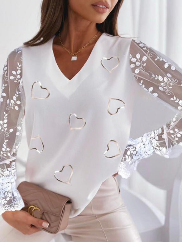Print Heart Lace V-Neck Long Sleeves Flare Sleeve Casual Blouses