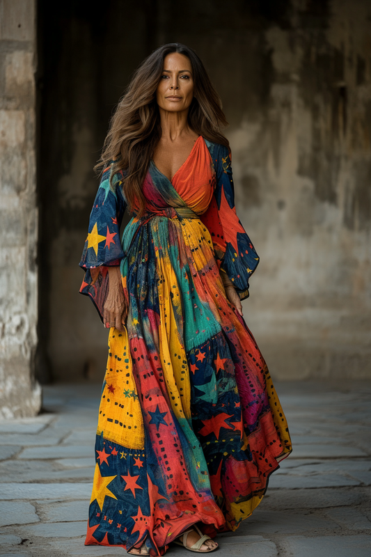 Vintage Loose Linen Patchwork Rainbow Contrast Dress df48