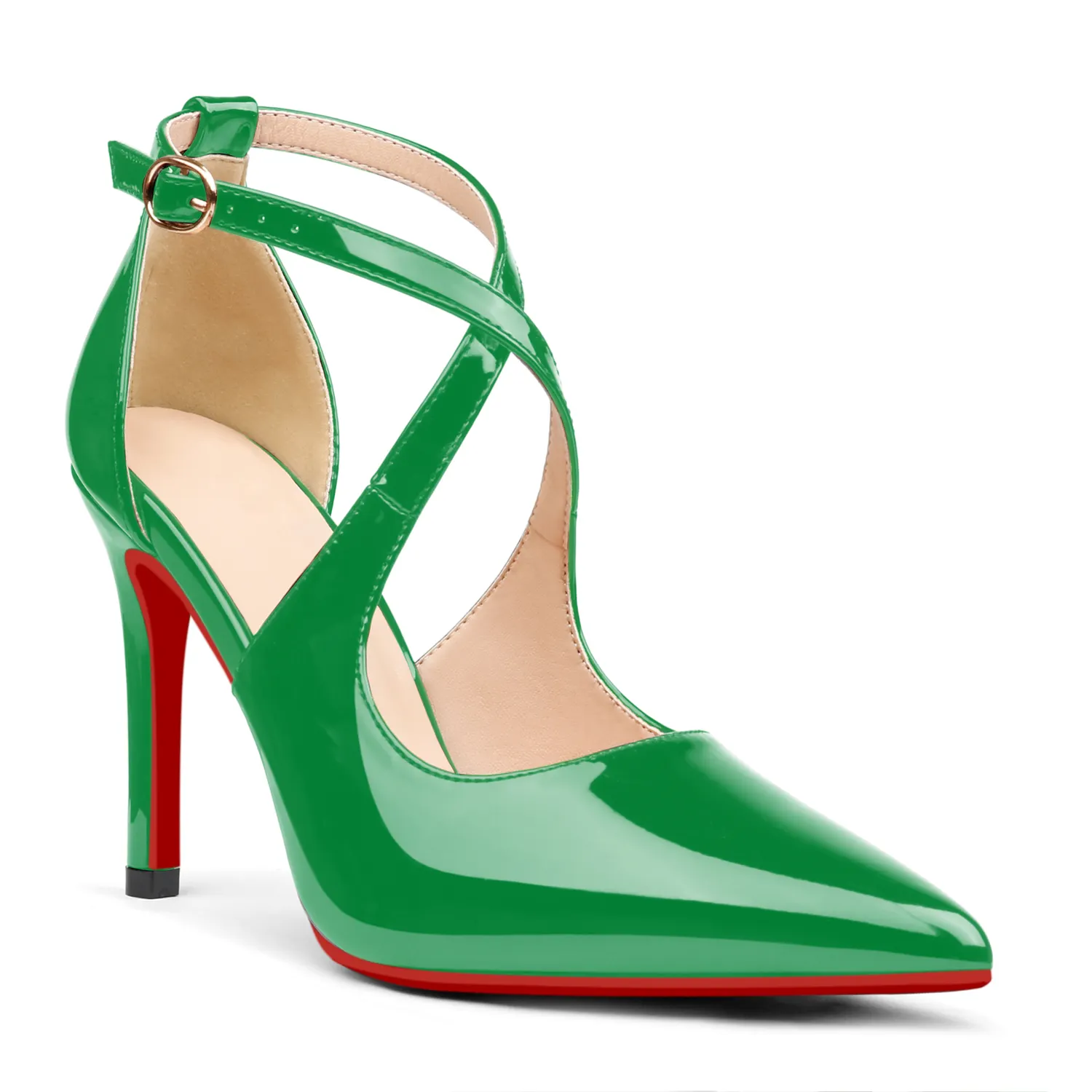 95mm Women's Pointed Toe Cross Strap Heels Red Bottoms Pumps Shoes-vocosishoes