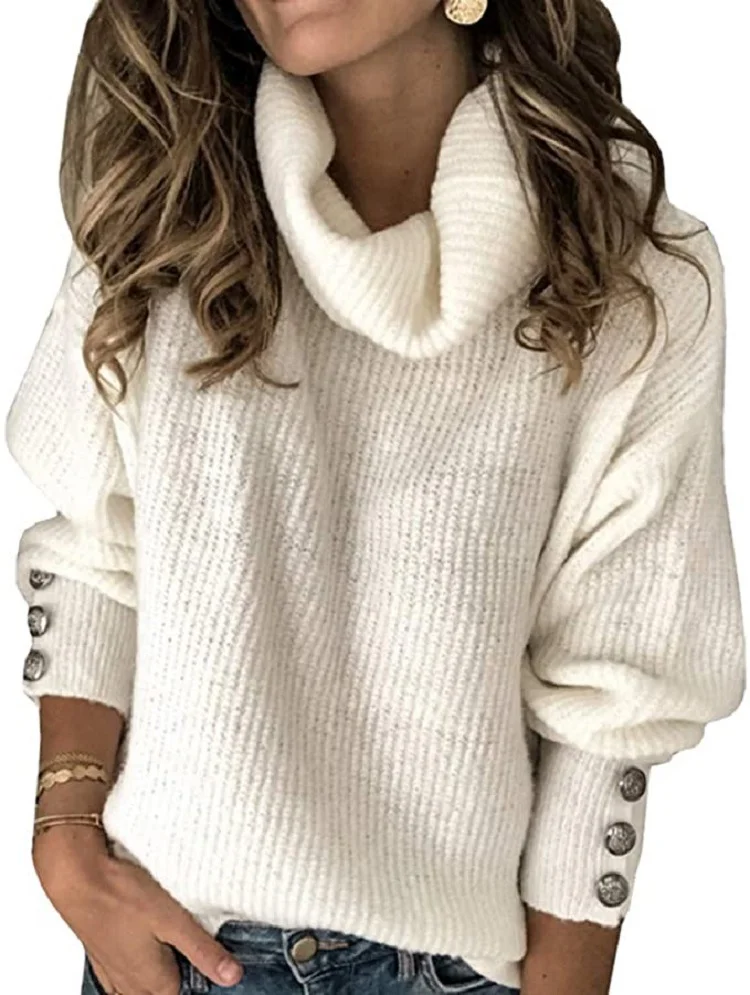 Mongw Mongw Solid Color Sweater, Loose Turtleneck Sweater, Women's Jumper
