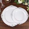 10 Pack | 8" Round Plastic Dessert Salad Plates In Vintage White, Silver Leaf Embossed Baroque Disposable Plates