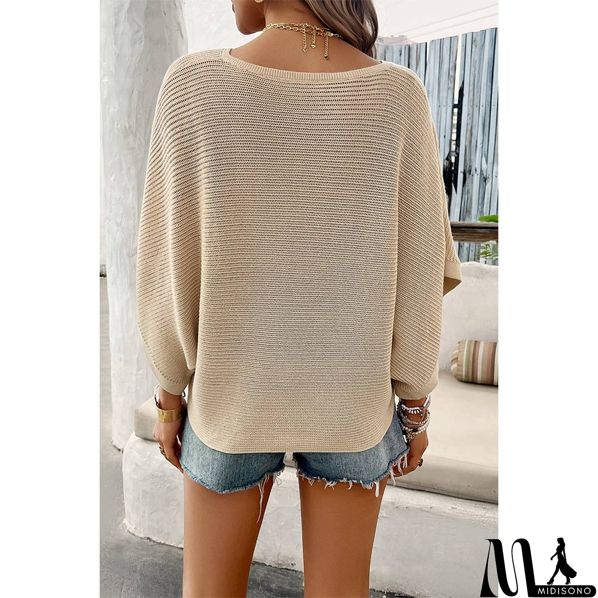 MidiSono - Solid V Neck Knit Loose Fit Bat Sleeves Top