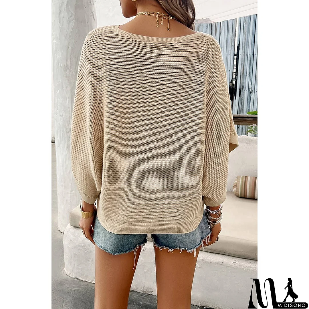 MidiSono - Solid V Neck Knit Loose Fit Bat Sleeves Top