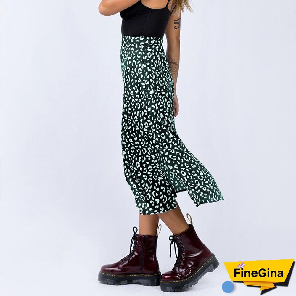 New Sexy Leopard Print Chiffon Split Skirt Casual Fashion Long Skirts For Women Spring Summer Zip Elegant Female Skirt