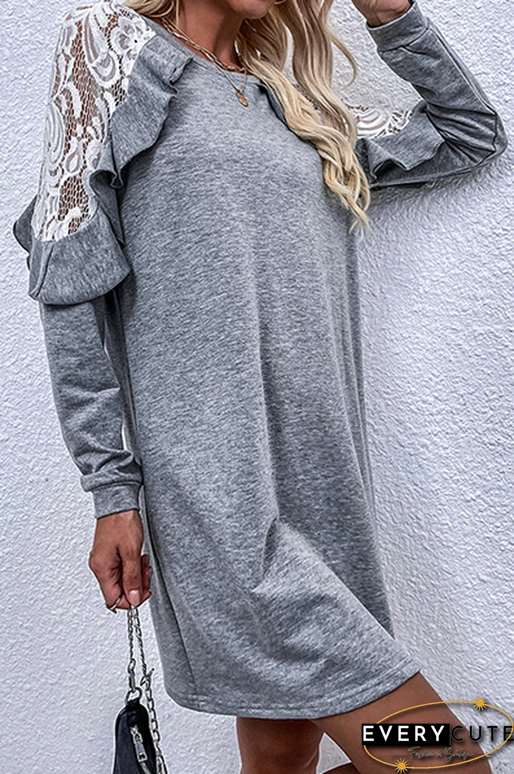 Casual  Lace Hollowed Out Flounce O Neck A Line Dresses