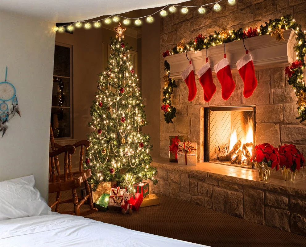 Christmas Green Tree Tapestry Home Wall Hanging Cloth Festival Elk Background Cloth Xmas Home Decoration Bedspread Wall Carpet