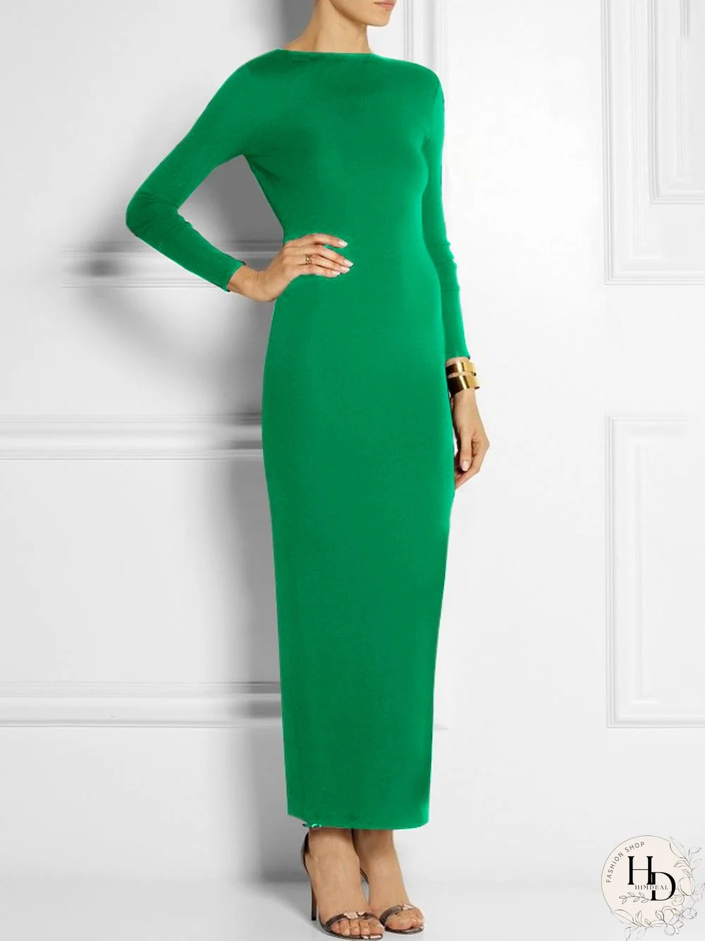 Long Sleeves Skinny Solid Color Split-Side Maxi Dresses