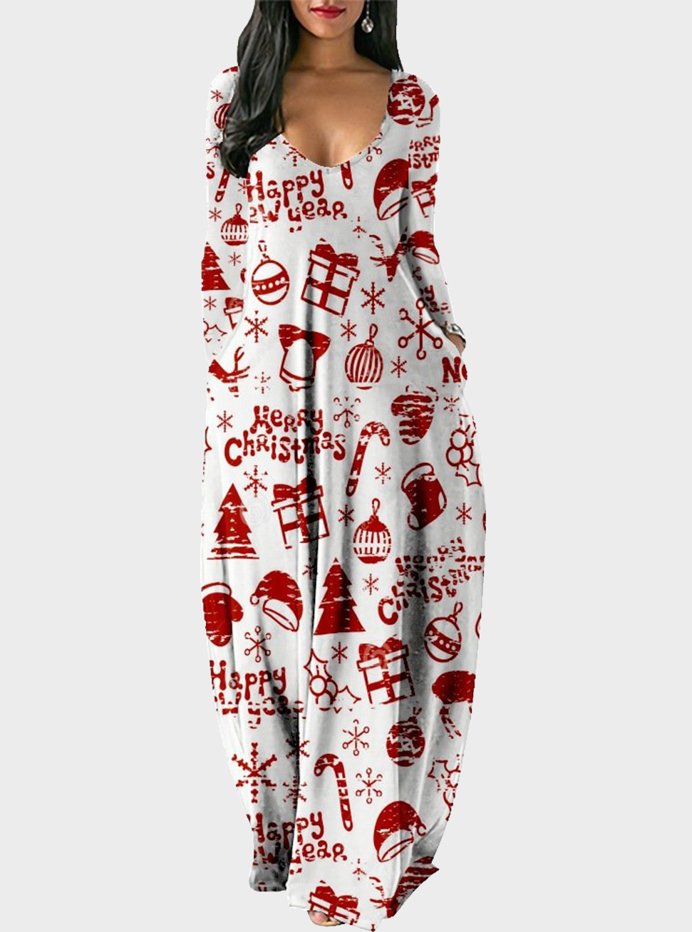  thdmladies Christmas Dress Long Sleeve V-neck 3D Printing thedmladies
