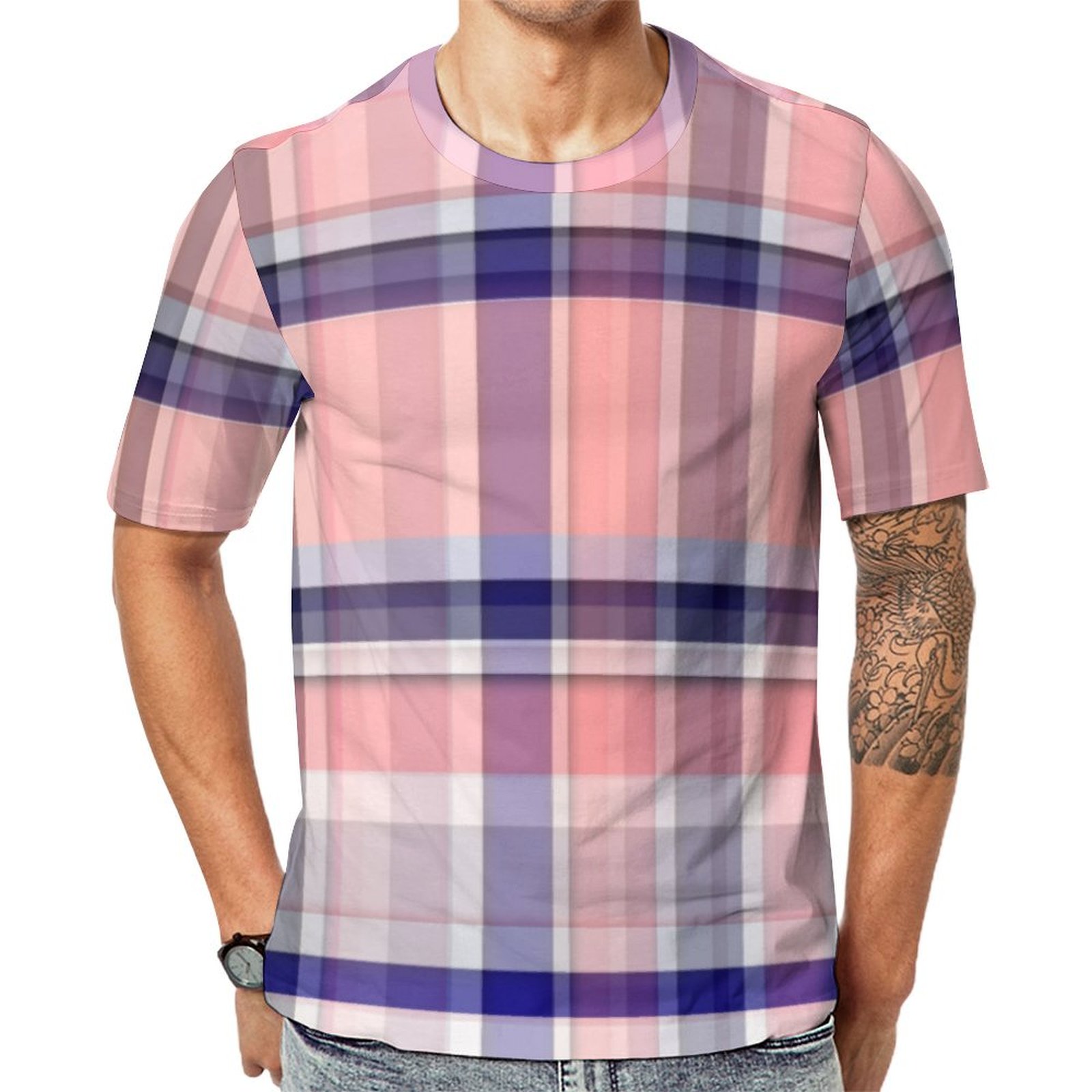 Pink Navy Blue White Preppy Madras Plaid Short Sleeve Print Unisex Tshirt Summer Casual Tees for Men and Women Coolcoshirts