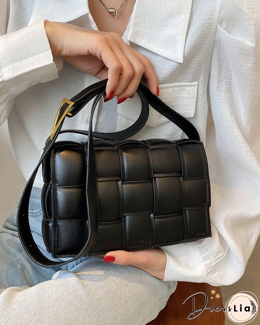 Weave Metal Decor Flap Crossbody Bag