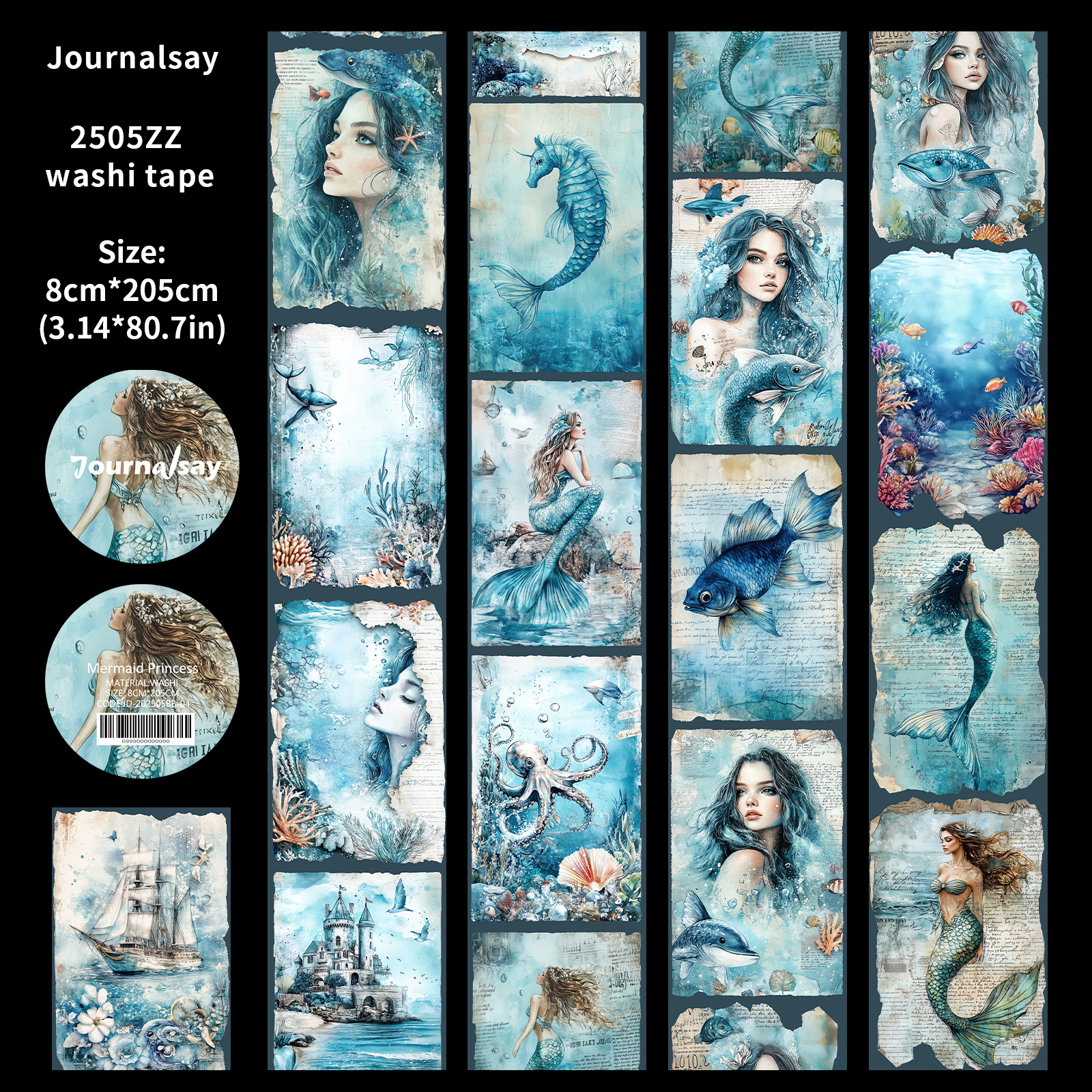 Washi Tape - 80mm*200cm Vintage Mermaid Princess Character Landscape 