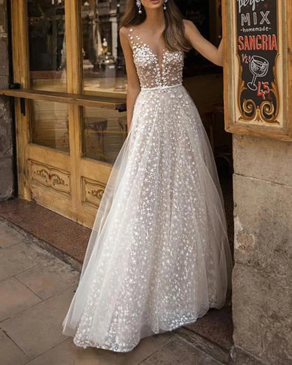 Elegant Flowy Lace Holiday Backless Wedding Dress P597944