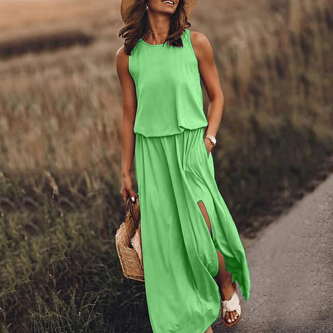 Uveng Uveng Summer New Women's Rounded Sleeveless Dress Open Multi-Colored Long Dress