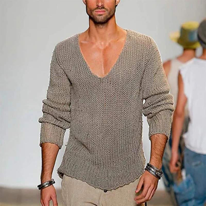 Mongw Mongw Men's Long Sleeve V-Neck Loose Sweater Fashion Casual Solid Color Knit Jumper Men's Plus Size