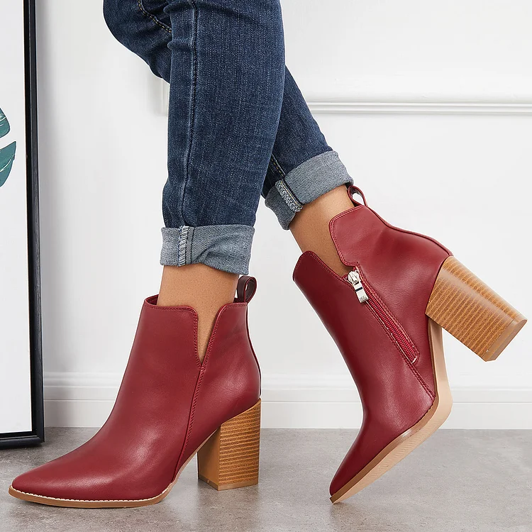 Pointed Toe Cutout Ankle Boots Chunky Stacked Heel Western Booties