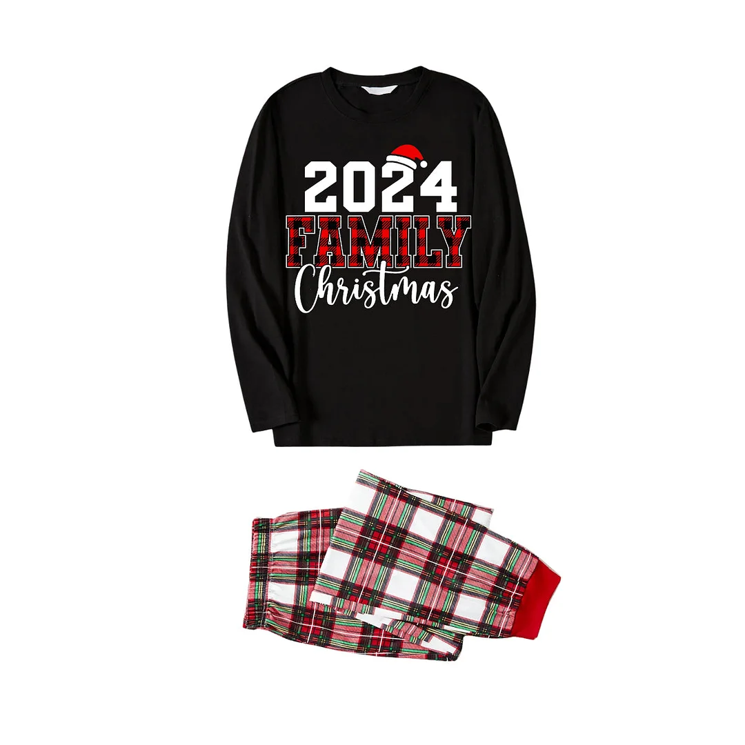 "Family Christmas 2024" Text Printed Red and White Plaid Family Matching Pajamas