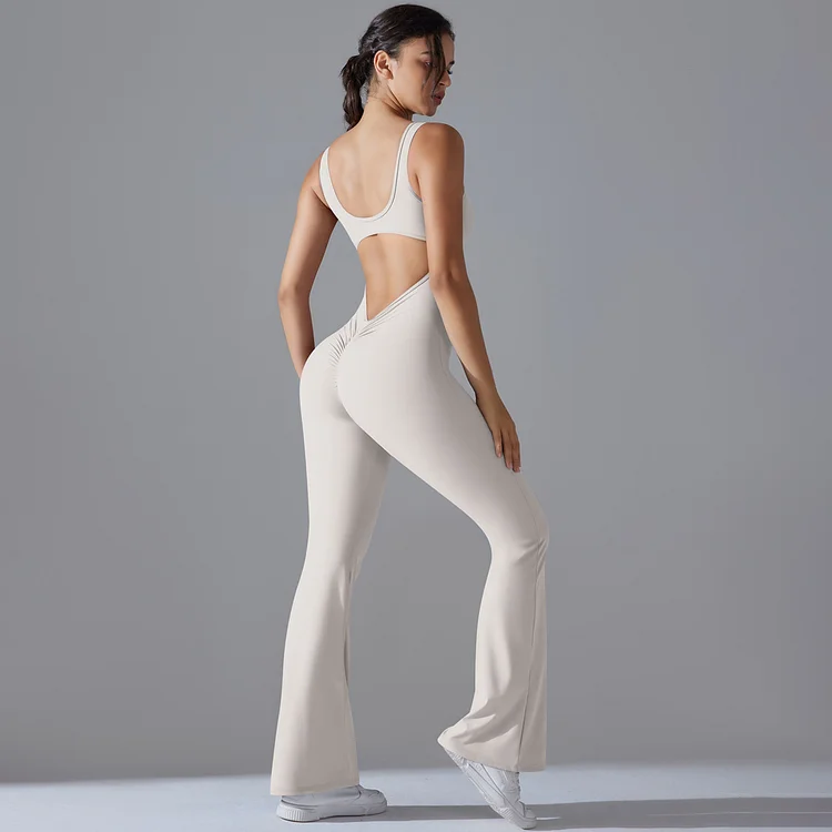 PASUXI Sleeveless Flare Jumpsuits for Women Sexy Backless Bodycon U Back Scrunch Butt Yoga Rompers Seamless Workout Bodysuit huanwei