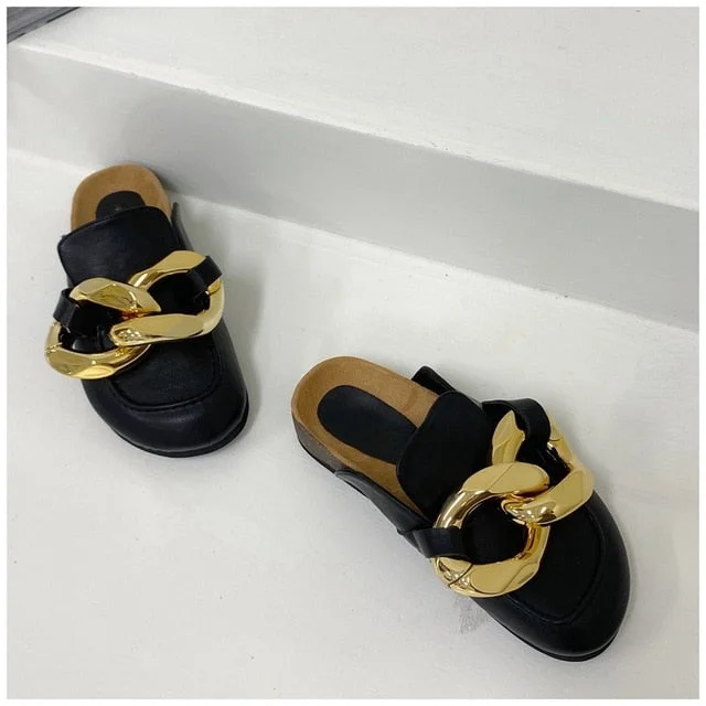 New Brand Design Gold Chain Women Slipper Closed Toe Slip On Mules Shoes Round Toe Low Heels Casual Slides Flip Flop