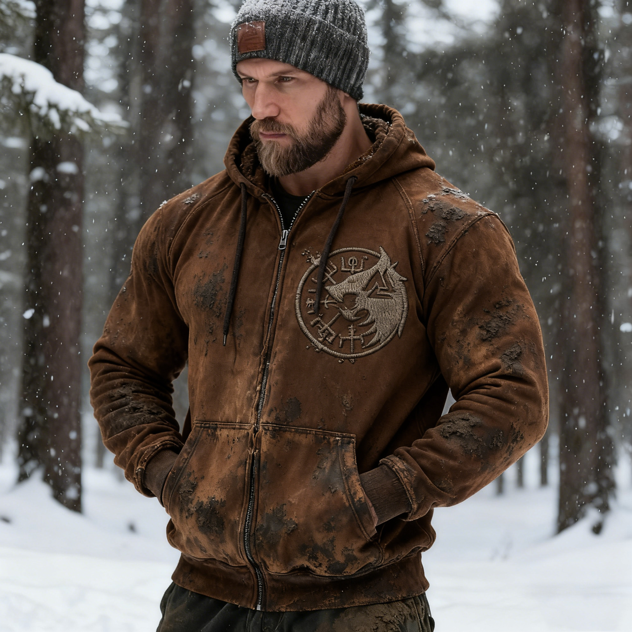 Men's Retro Viking Wolf Totem Distressed Hoodie elevenforest