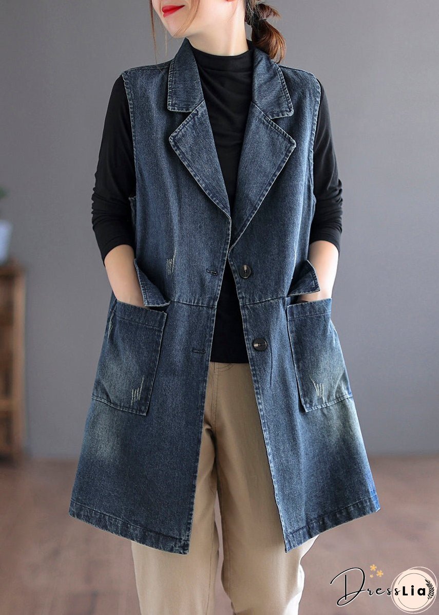 Plus Size Blue Peter Pan Collar Pockets Denim Waistcoat Long Sleeve