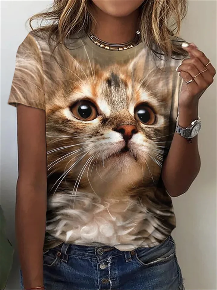 Brown Printed Cat Short Sleeve Women's Round Neck S M L XL 2XL 3XL 4XL 5XL-Cosfine