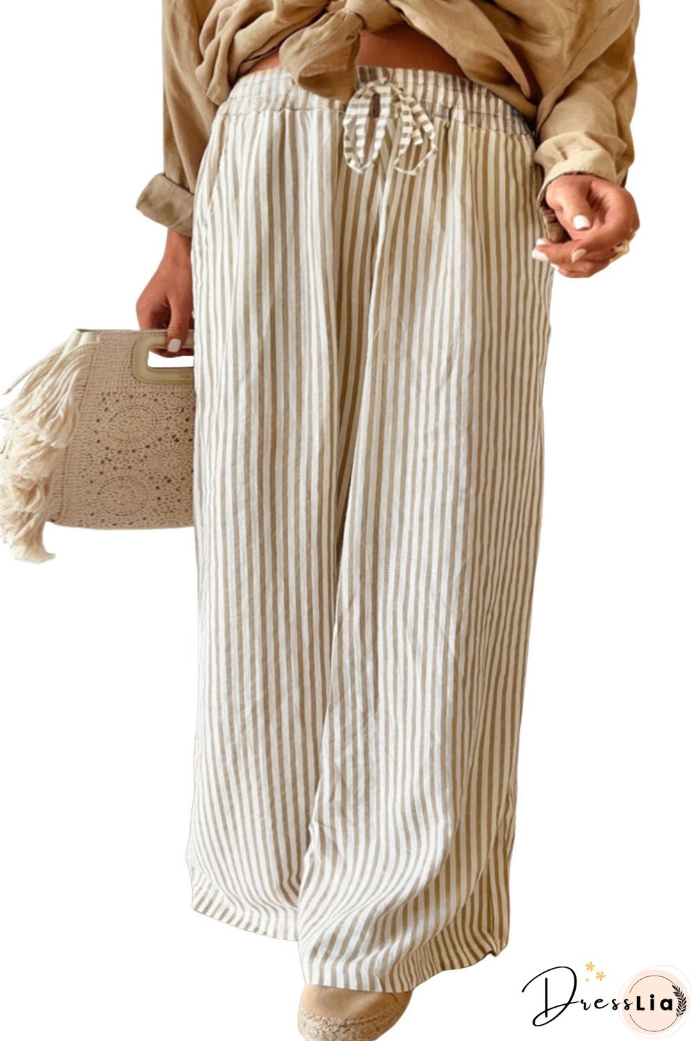 Khaki Stripe Plus Size Drawstring High Waist Wide Leg Pants