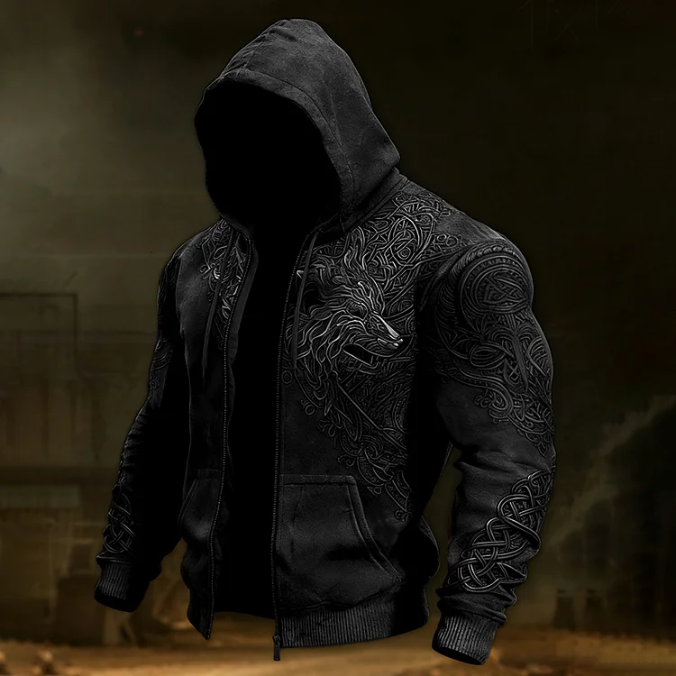 Men's Vintage Viking Wolf Celtic Zipper Up Casual Hoodie