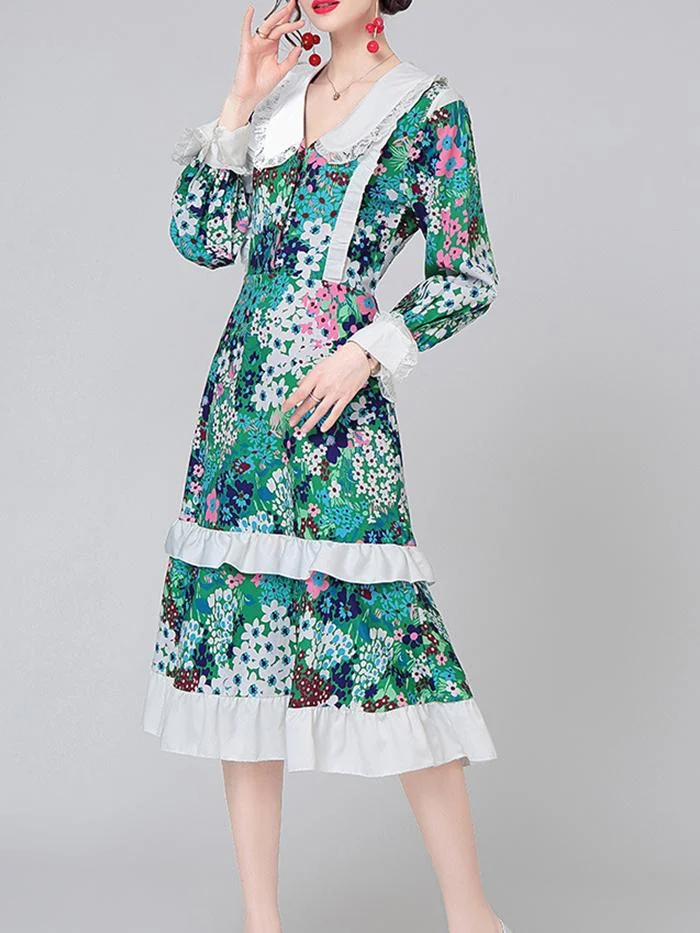 V-neck Women's Lace Doll Collar Fashion Print Dress