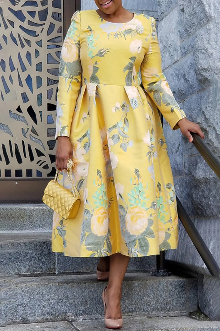 Plus Size Semi Formal Dress Yellow Long Sleeve Floral Print A-Line Midi Dress
