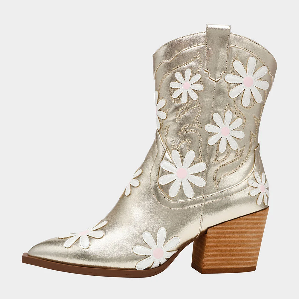 Champagne Pointed Toe Flower Stacked Heel Zipper Booties for Women