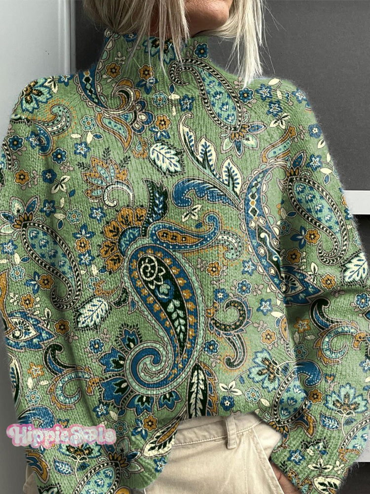 Paisley Pattern Art Print Knit Turtleneck Pullover Sweater Multicolor / S