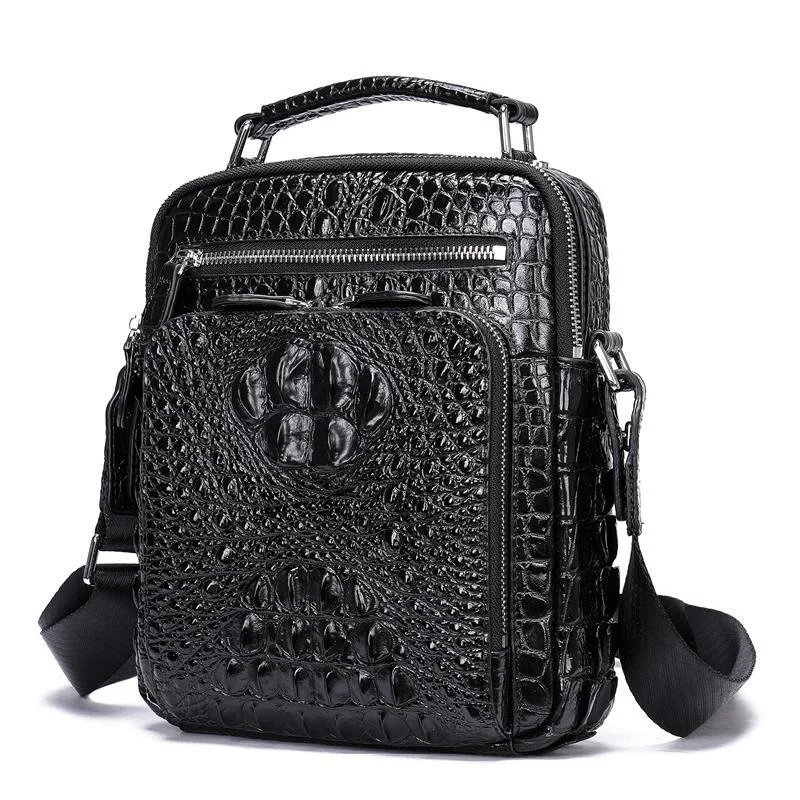 Men's Crocodile Pattern Shoulder Bag Leather Adjustable Shoulder Strap Business Crossbody Bag