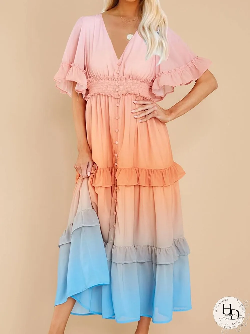 Ladies Fashion Gradient Rainbow Color Dress