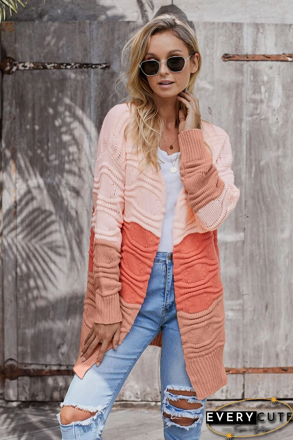 Pink Colorblock Knit Cardigan