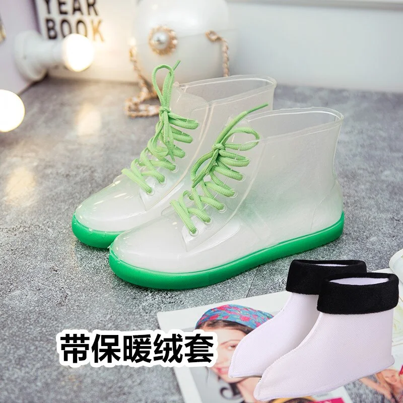 Jelly Transparent Anti-Slip Fashion Waterproof Shoes Rainshoes Rain Boots Shoe Cover Woolen Cotton Rubber Boots Female Short