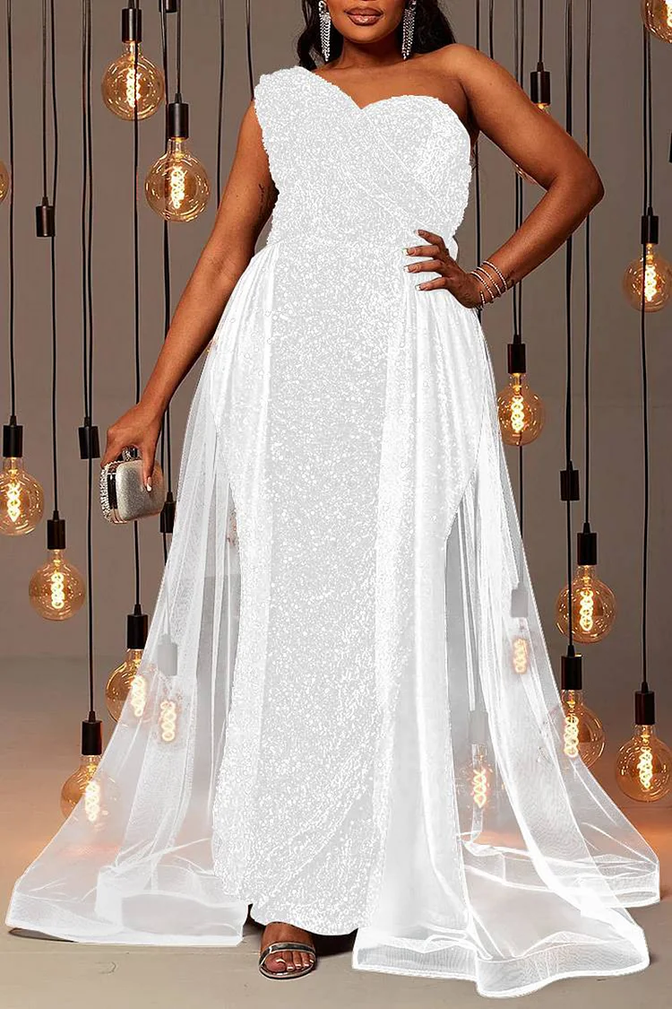Xpluswear Plus Size White Formal Sequin Tulle One Shoulder Overlay Skirt Maxi Dress 
