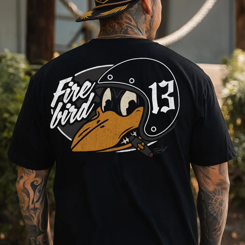FIRE BIRD No.13 Helmet Smoking Crow Print Men's T-shirt