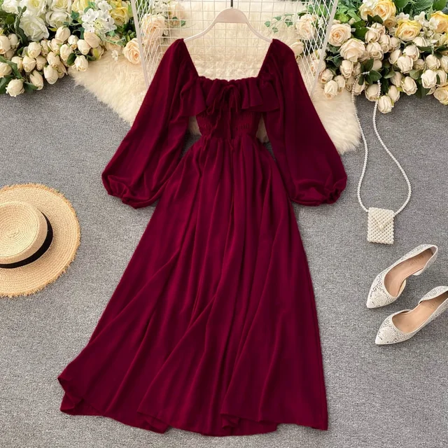 Women's Solid Color Chiffon Puff-Sleeve Summer Dress